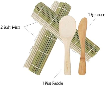 ערכת הכנת סושי במבוק של 2x מחצלות גלגול במבוק ירוק, משוט אורז 1x, מפיץ 1x | מחצלות במבוק וכלים